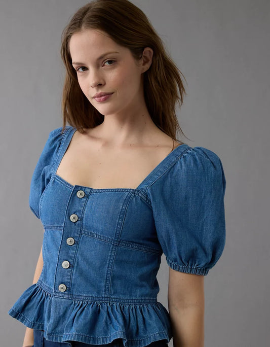 Camisa denim con mangas abombadas