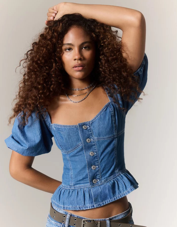 Camisa denim con mangas abombadas
